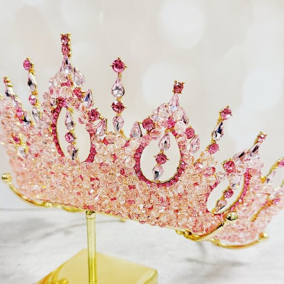 Gold Princess Crown, Prom headpiece, Bridal tiara, Pink Crystal wedding crown main image 6